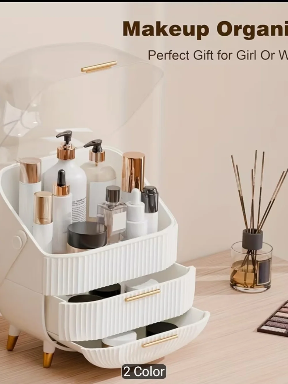Pink Cosmetic Organizer Caddy with Clear Lid - Women Makeup/Bath And Body